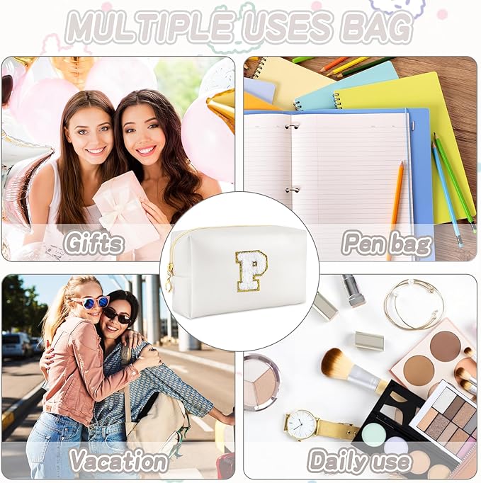URSKYTOUS Gifts for Girls Initial Makeup Bag Personalized Cosmetic Bag with Zipper Cute Travel Toiletry Bags Waterproof PU Preppy Makeup Pouch Birthday Gift for Teen Girls Women(White P)