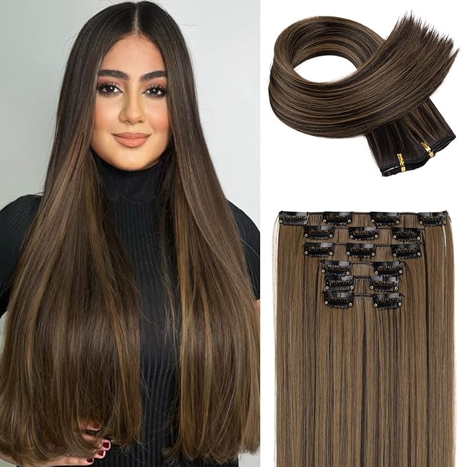 FLUFYMOOZ 6PC Clip in Hair Extensions 24" Straight Long Extensions for Women Synthetic Hairpiece (Black Brown with Highlights)