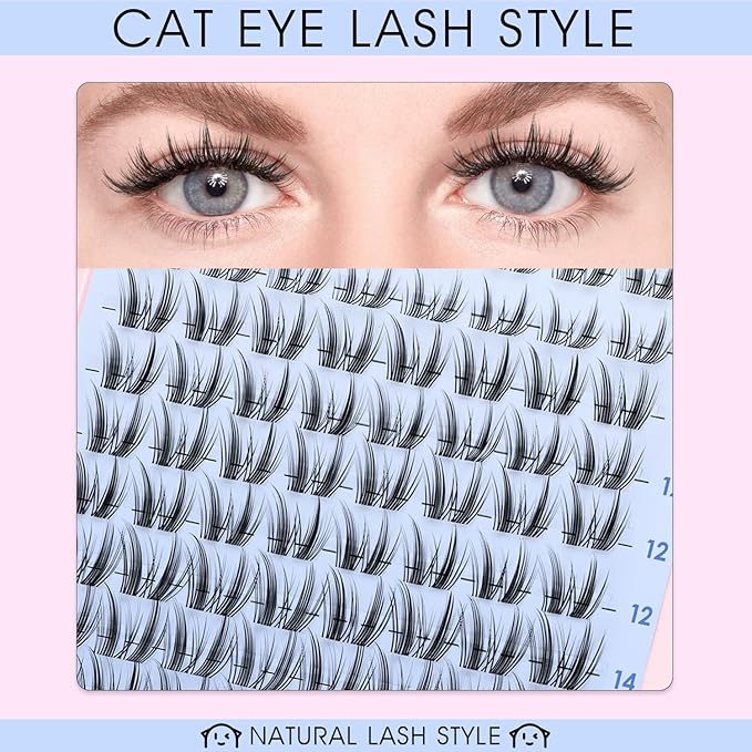 Freya Lash Clusters Kit Short 8-14mm Wispy Eyelash Clusters DIY Eyelash Extension Kit Spiky Cat Eye Lashes Individual Fake Eyelashes Clusters with 0.05mm Thin Invisible Lash Band(Freya Short Kit)