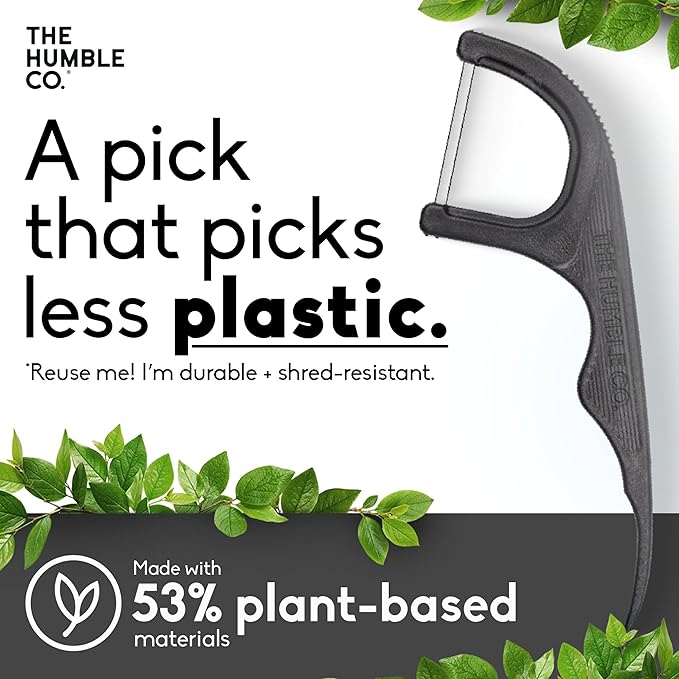 The Humble Co. Floss Picks (200 Count) – Plant Based Dental Floss Picks for Superior Oral Care, Dental Hygiene, and Gum Health, Cruelty Free Tooth Floss Picks (Charcoal, Double Thread)
