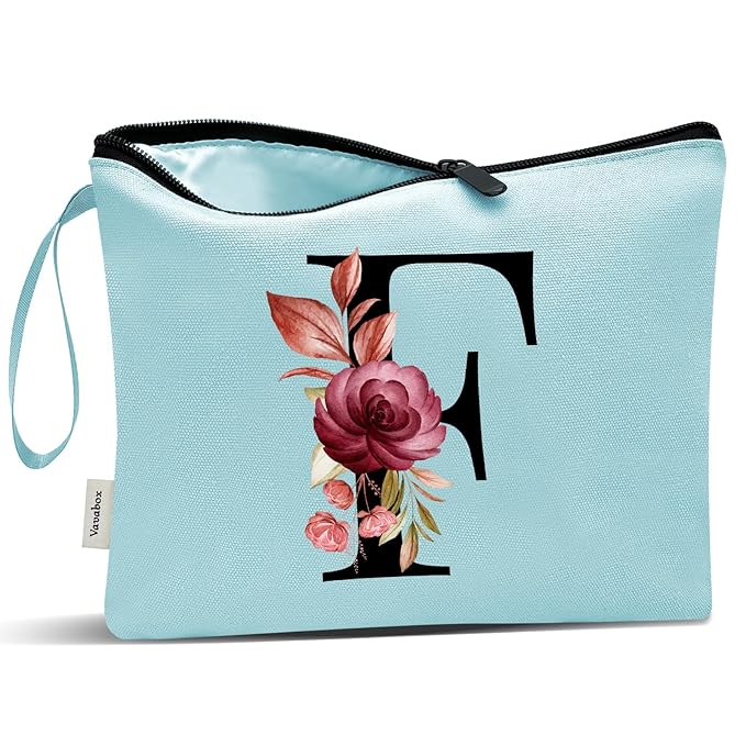 Vavabox A-Z Personalized Makeup Bag, Birthday Gifts for Women Mom, Gifts for Best Friend, Bride Bridesmaid Cosmetic bag (F, Green)