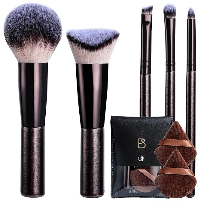 BS-MALL Travel Makeup Brushes Premium Synthetic Foundation Powder Concealers Eye Shadows 7 PCS with Triangle Puff & Storage Bag (Bright black)