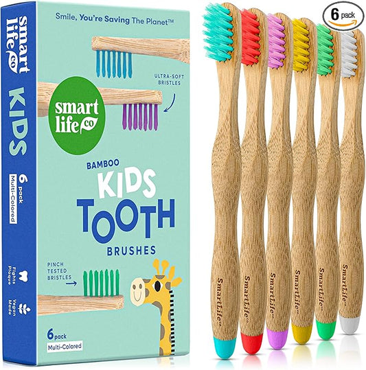 SmartLifeco Kids Bamboo Toothbrushes (6 Pack) - Extra Soft Bristles for Toddlers Teeth | Zero Waste Tooth Brushes for Children | Natural Wooden Child Size Handle | BPA Free, Eco-Friendly