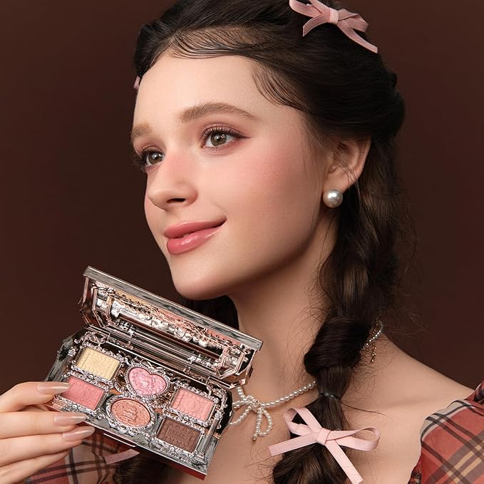 Flower Knows The Sweetie Bear Collection 6-Color Makeup Palette,Pink Face Makeup Palette with 4 Matte + 2 Shimmer Shades,Blendable Smooth Cute Make Up,0.23 Oz(02 Strawberry Milk)