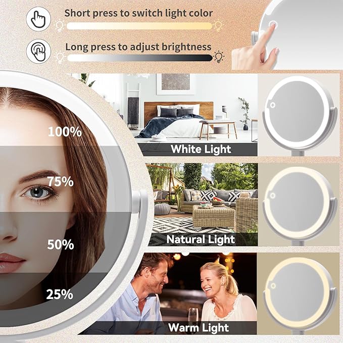 Makeup Mirror with Lights, Double Sided 1x/10x Magnifying Mirror，Rechargeable 3 Color Lights & Adjustable Brightness and Height LED Vanity Mirror, 360° Rotation Detachable Travel Make Up(White)