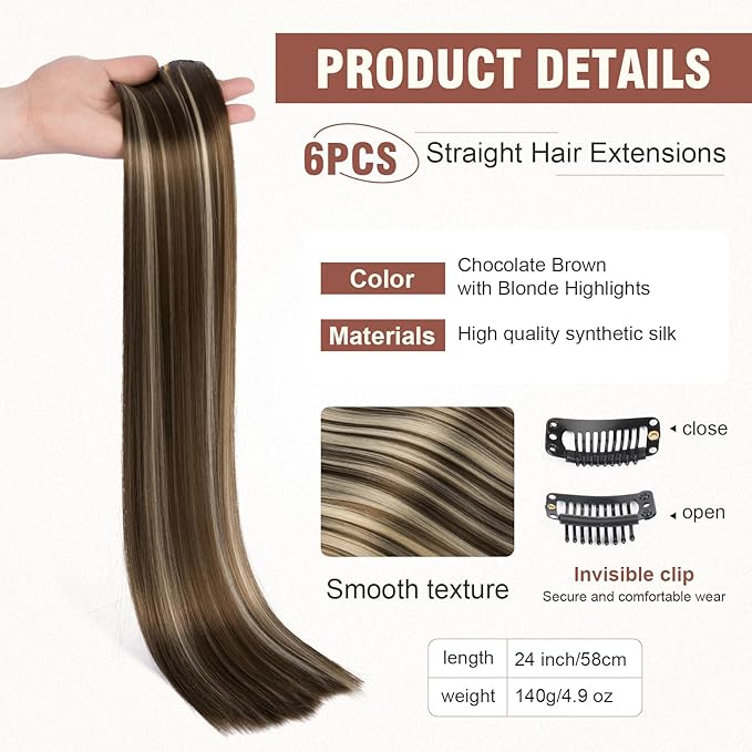 FLUFYMOOZ 6PC Clip in Hair Extensions 24" Straight Long Extensions for Women Synthetic Hairpiece (Chocolate Brown with Blonde Highlights)