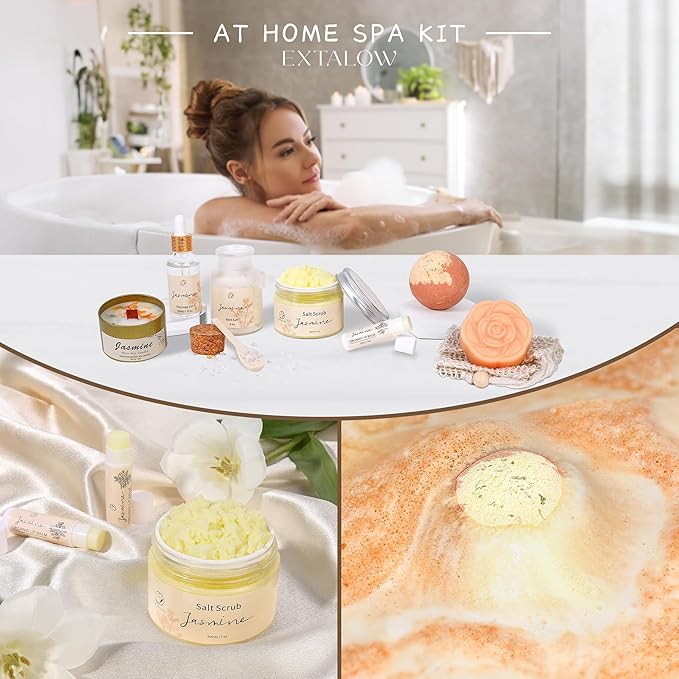 EXTALOW Spa Gifts for Women Valentines Day Gifts Jasmine Bath Gift Baskets Relaxing Self Care Gift for Mom Girlfriend Sister Wife Auntie Home Bath Care Package Thank You Birthday Gift Friendship