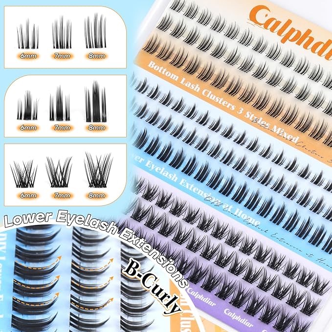 calphdiar Bottom Lash Clusters Lower Lashes Extensions 3 Styles Bottom Eyelash Clusters 6-8mm Bottom Lashes Individual Clear Band Natural Cluster Eyelashes Salon-Effect Bottom Lash cluster (162pcs)