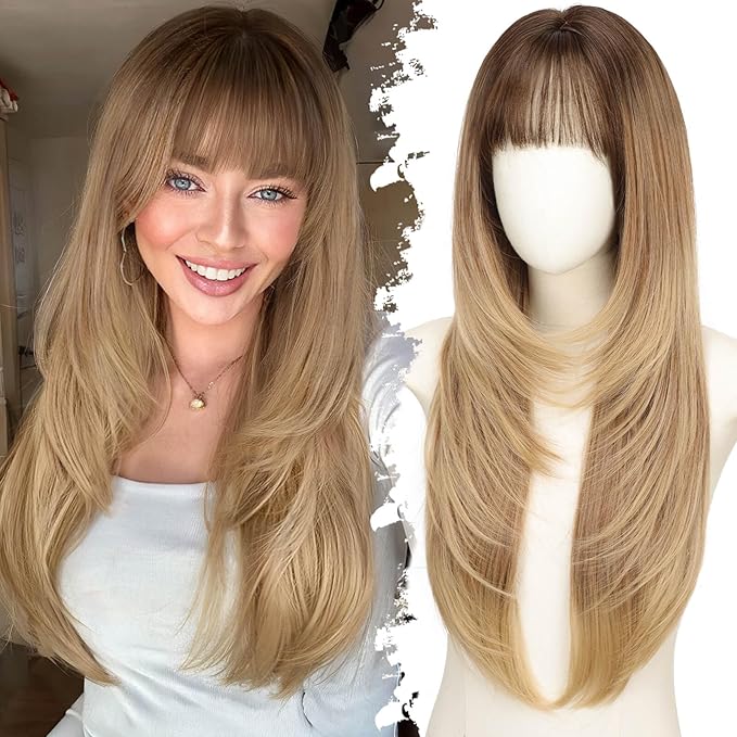 Long Honey Blonde Wig with Bangs for Women- Dark Root to Honey Blonde Ombre,4x4 Realistic Scalp,Free Parting,Layered Hairstyle Synthetic Heat Resistant for Daily Party Use 26 inch