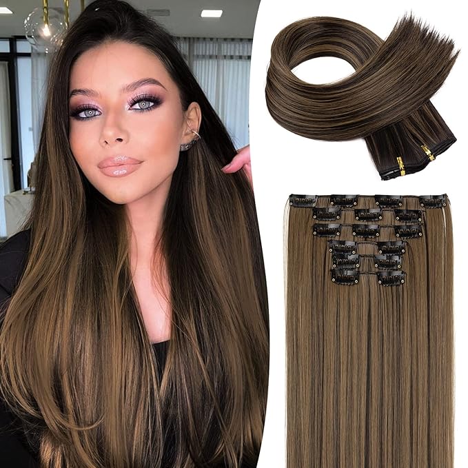 LONAI Clip in hair extensions 6PCS Straight 24" Hair Extensions for Women，Heat Resistant Synthetic Hairpiece-Black Brown with Highlights