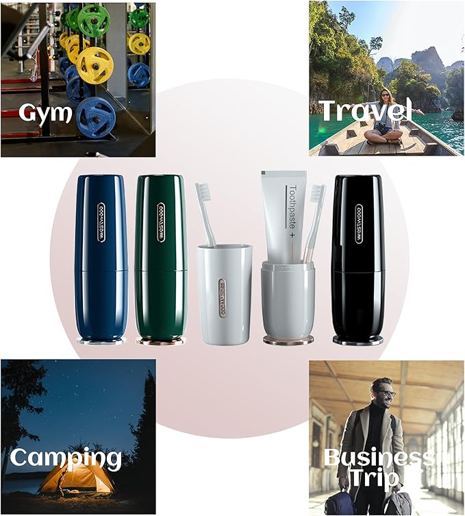 Luxury Blue Toothbrush Travel Case, Portable Travel Toothbrush & Toothpaste Holder Cover Organizer Container with Mouthwash Cup for School, Camping, Business Trip, Bathroom Storage