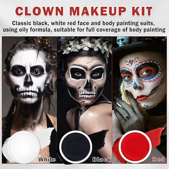 Clown Makeup Kit,Red Black and White Face Painting Kit Professional,Clown Face Paint Halloween Makeup with Brushes,Oil Based Body Paint for Adults,Joker Vampire Zombie