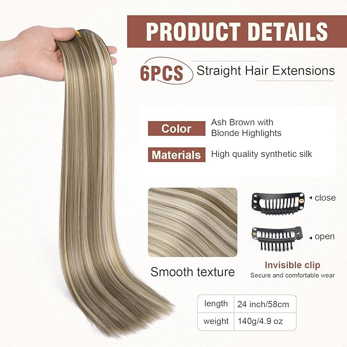 FLUFYMOOZ 6PC Clip in Hair Extensions 24" Straight Long Extensions for Women Synthetic Hairpiece (Ash Brown with Blonde Highlights)