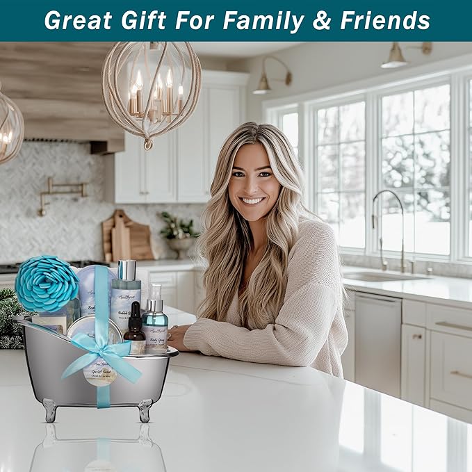 Spa Gift Baskets For Women - Luxury Bath Set With Ocean & Coconut - Spa Kit Includes Body Wash, Bubble Bath, Lotion, Body Butter, Soap, Body Spray, Shower Puff, and Towel