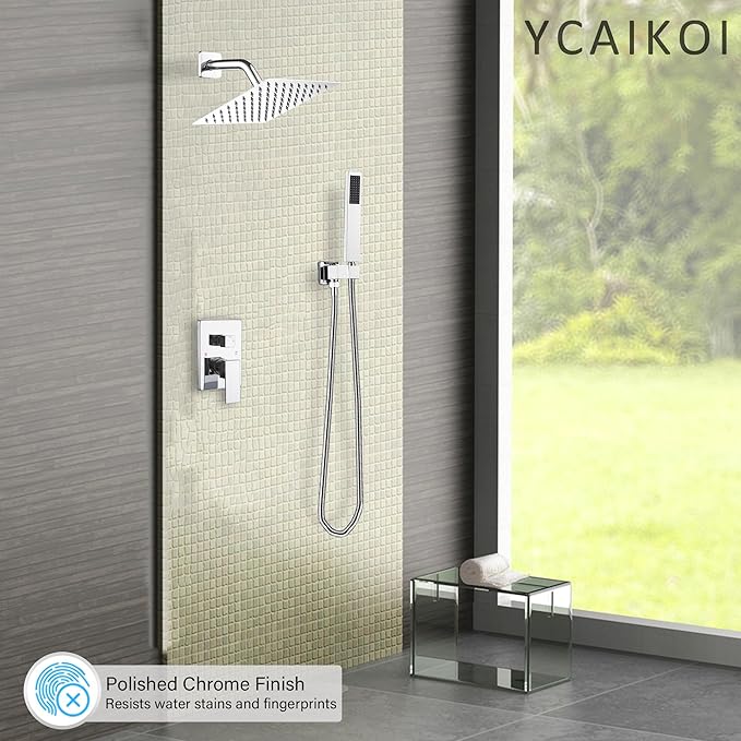 YCAIKOI Chrome Shower System, 8 Inch High Pressure Rain Shower with Handheld, Wall Mount Shower Faucet Set for Bathroom, Rough-in Valve Body and Trim Included