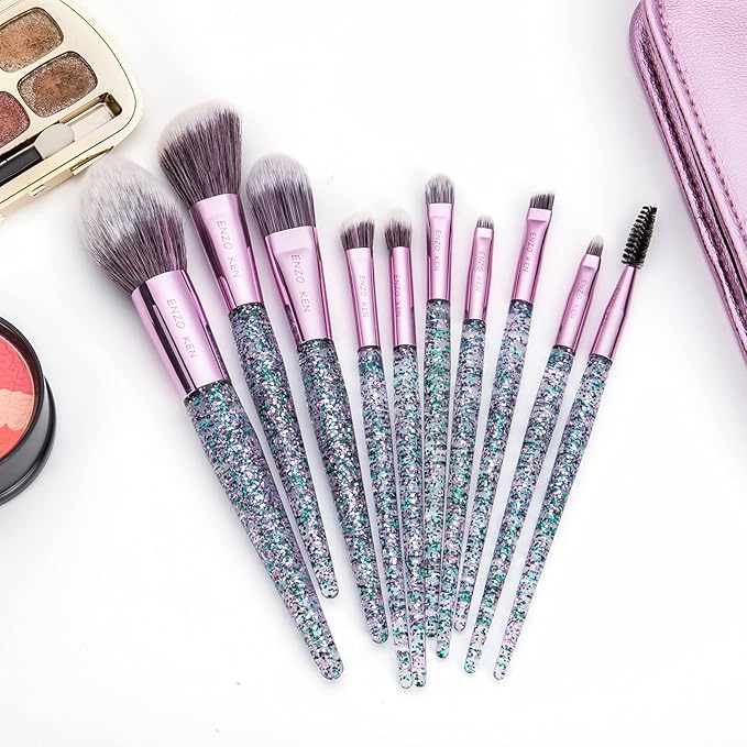 ENZO KEN Glitter Makeup Brushes Set with Case, Vegan Makeup Brush Set Professional, Colorful Cosmetic Brushes Makeup Set, Make up Brush Vegan, Make up Brushes Set Professional, Makeup Brush Set Vegan
