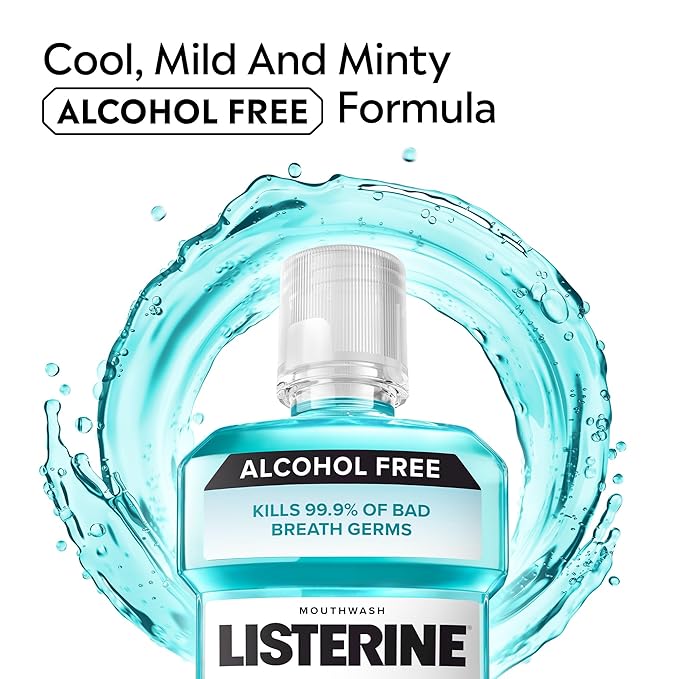 Listerine Cool Mint Alcohol-Free Mild Mouthwash, Oral Rinse Kills 99.9% of Germs That Cause Bad Breath, Less Intense Taste, Mild Mint Flavor, 1 L (Pack of 2)