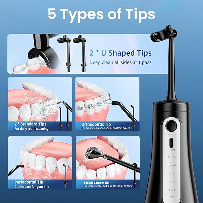 Ducard Cordless Water Flosser for Teeth, U-Shaped Flossing 360° Deep Clean, 5 Modes 7 Jet Tips for Adult & Child, Portable Rechargeable Dental Flosser Pick for Braces, Travel, 350ML Large Tank
