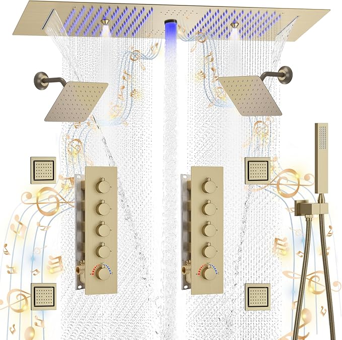 KATAIS Shower System with 12X35 inch Overshower and Dual Side ShowerHead(8 inch), 4 PCS Body Jet and HandHeld Spray, Dual Thermostatic Valve Kit Can Achieve 8 Shower Functions, Brushed Gold