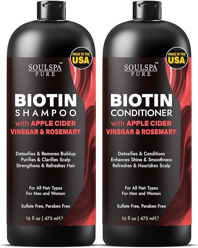 Biotin Shampoo and Conditioner Set with Apple Cider Vinegar & Rosemary Oil | Sulfate Free Scalp Care & Hair Strengthening System for Thinning, Oily or Color-Treated Hair – 16 fl oz Each | SOULSPA PURE
