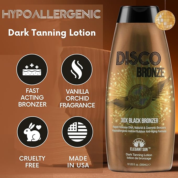Disco Bronze 30X Black Bronzer Tanning Lotion - Indoor & Outdoor UV Tan Accelerator with DHA, Natural & Cosmetic Bronzers, Proprietary Melanin Boosting Formula, Made in USA for Men & Women – 10 oz