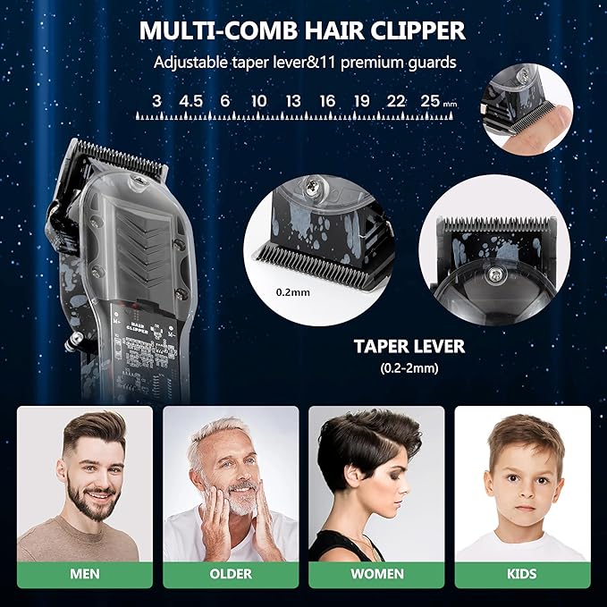 Professional Hair Clippers for Men, Cordless Barber kit for Hair Cutting & Grooming, Hair Clippers Set for Barber Haircut with LED Display 8 Fade Taper Combs(Black)