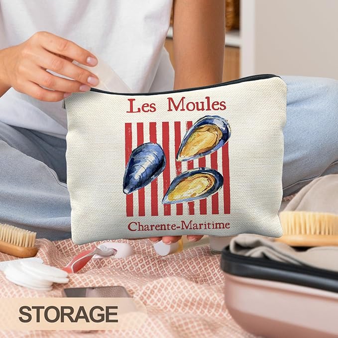 RYYCDOI Vintage Mussels Beach Makeup Bag, Red Stripes Nautical Beach Cosmetic Bags for Women, Gifts for Ocean Lovers, Retro Seafood Aesthetic Zipper Makeup Pouch