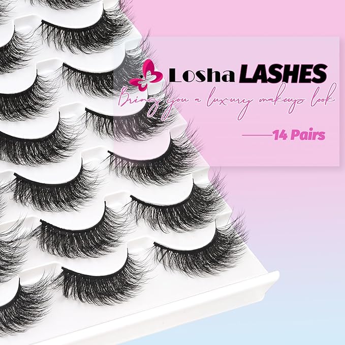 Losha Lashes Fluffy Cat Eye Lashes 14 Pairs 3D False Eyelashes Soft Crossed Eye Lashes Pack Comfortable Fake Eyelashes(614)