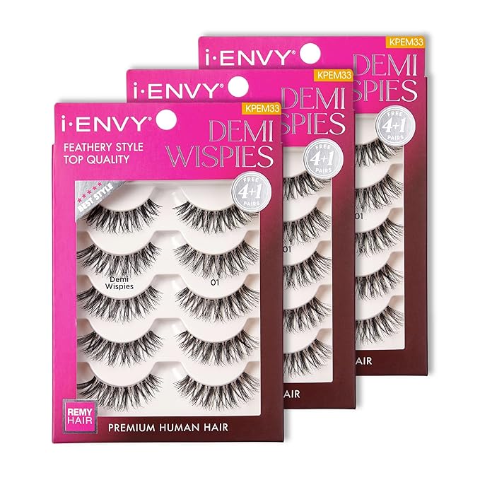 i-ENVY 15 Pairs Demi Wispies False Lashes (3 Pack), Premium Quality 100% Human Hair, Fluffy Feathered Eyelashes With Volume & Curl, Natural Look, Lightweight, Comfortable, Reusable for Everyday Wear