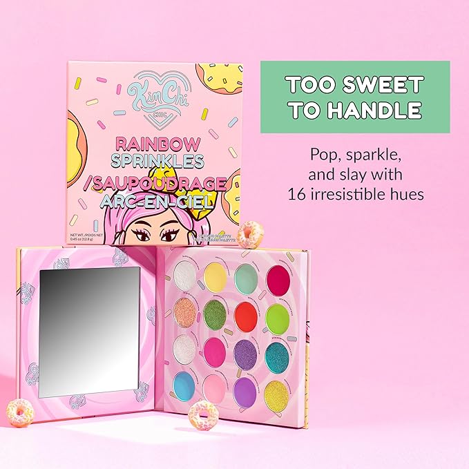 KimChiChic Beauty Donut Collection Eyeshadow Palette - 16 Matte, Pigment, & Glitter Shadows, Versatile for Day to Night Looks, Cruelty Free, Rainbow Sprinkles