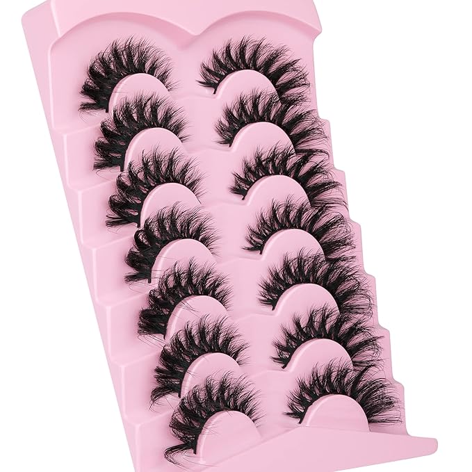 JIMIRE Faux Mink Lashes Fluffy Cat Eye Natural Look False Eyelashes Volume Wispy Fox Eye Crossed 17MM Thick Fake Lashes Look Like Eyelash Extensions Pestañas 7 Pairs Pack