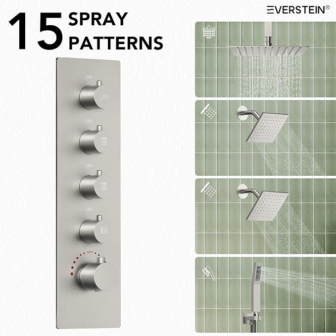 EVERSTEIN Thermostatic Shower system, 16, 6 in. Bathroom Shower Set Wall Mount Dual Shower Head Faucet in Brushed Nickel