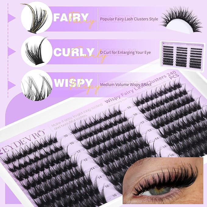 EYDEVRO Fairy Lash Clusters Kit Wispy Eyelash Clusters with Spikes 10-16mm Lash Extension Kit D Curvature Volume Cluster Eyelash Extensions Kit Individual Lashes Lash Bond and Seal Tweezers Brushes
