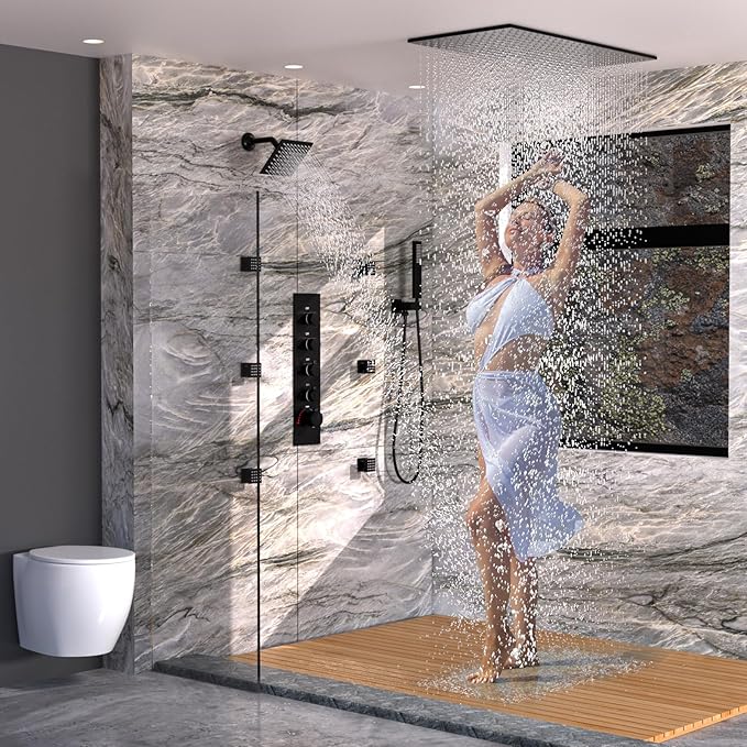 HOMEDEC 15.7x31.5" Ceiling Mounted Rainfall and 6" Wall Mounted Shower Heads with 6 Body Jets, Dual Shower Head System Rain Shower Faucet Set, Black