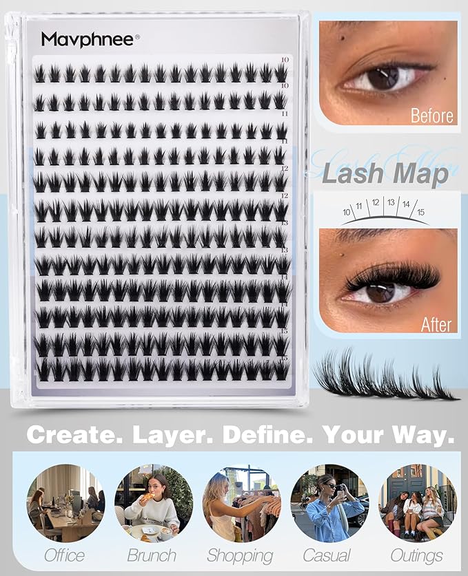 Natural Hybrid Lash Clusters 10-15MM Cluster Lashes Fluffy Eyelash Extensions Wispy Faux Mink Lashes Clusters Soft Individual Lashes 204Pcs Eyelash Clusters D Curve DIY Lashes Clusters