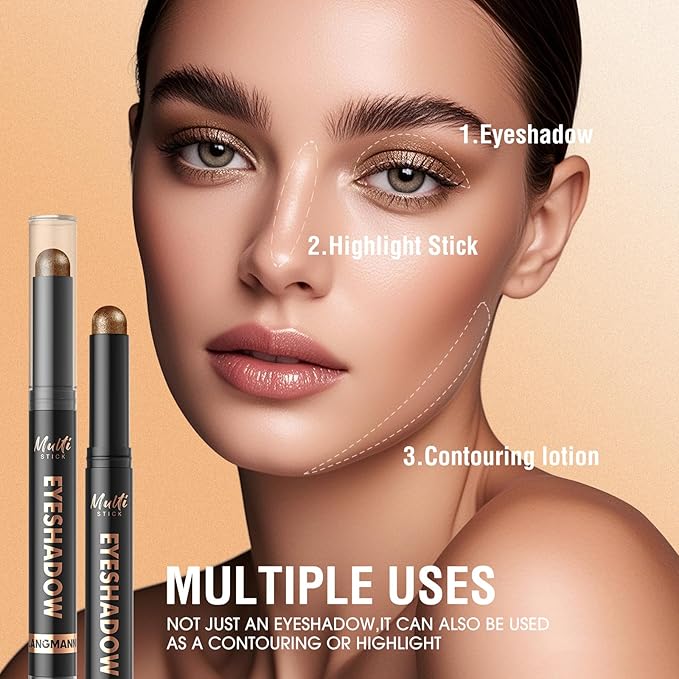LANGMANNI 6Colors Dual-Ended Cream Eyeshadow Stick Set – Silky Smooth, Waterproof & Transfer-Proof, Built-in Blender Brush, All-Day Matte & Shimmer Wear Eye Makeup(#1+3+7+8+9+10)