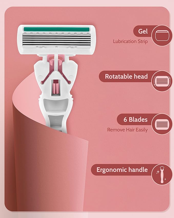 Razors for Women Sensitive Skin, 6 Blades Women’s razors for Shaving Including 1 Travel Razors for Women with 12 Blade Refills， Pink