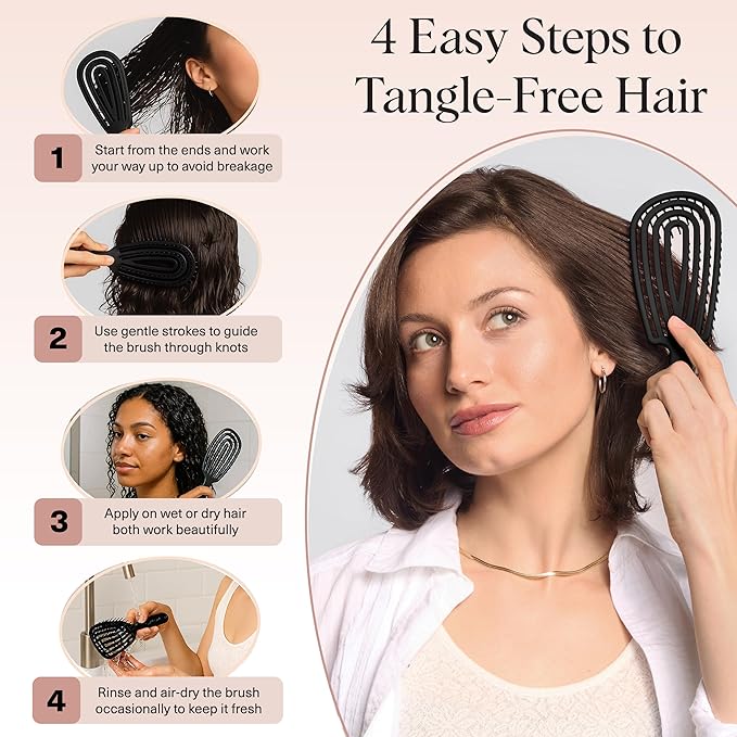 Kitsch Detangler Brush – Flexible Curly Hair Brush for Women, Men & Kids | Detangling Hairbrush with Bendable Frame and Ultra-Smooth Bristles for Wet or Dry Strands - Black