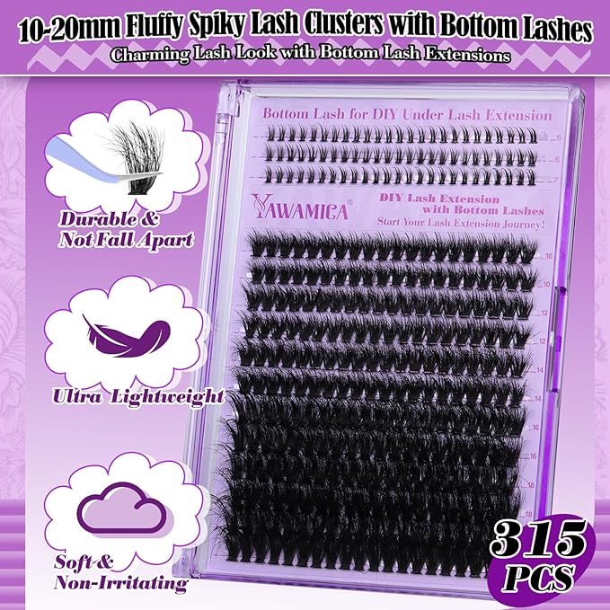 Yawamica Cluster Eyelash Extensions Fluffier Lash Clusters with Bottom Lashes 200D Volume Individual Lashes 315pcs Wispy Eyelash Clusters 10-20mm DIY Lash Extension at Home