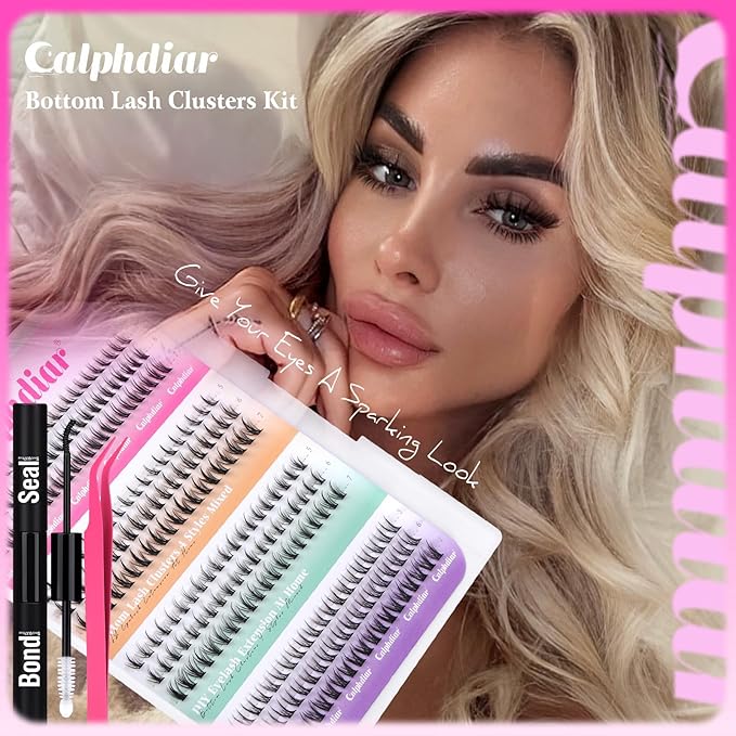 calphdiar Bottom Lash Clusters Kit DIY Eyelash Extensions 4 Styles Bottom Lashes Extension Kit Wispy Lower Eyelash Clusters Kit 5-7mm Natural Individual Lashes 225Pcs for Bottom Lash Extension