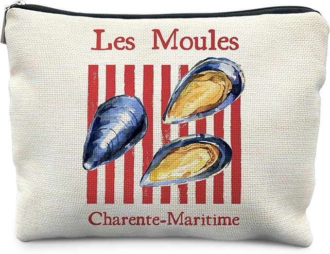 RYYCDOI Vintage Mussels Beach Makeup Bag, Red Stripes Nautical Beach Cosmetic Bags for Women, Gifts for Ocean Lovers, Retro Seafood Aesthetic Zipper Makeup Pouch