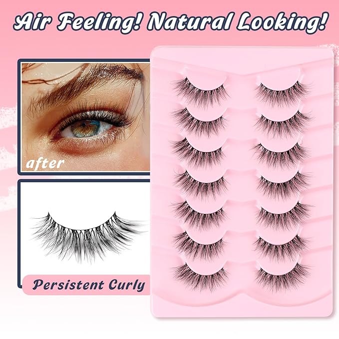 Natural Cat Eye Lashes Wispy Eyelashes 14mm Lightweight False Eyelashes 3D Volume Natural Lashes 0.1mm Thin Cotton Band Lash Strips Pack C Curl Soft Eyelash 7 Pairs Siligli