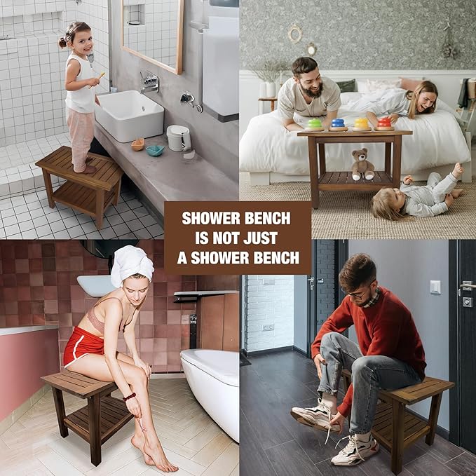GREEN ALLUVIUM 24 inch Acacia Wood Shower Bench with Storage Shelf - Waterproof Sturdy Shower Stool - Shower Seats for Adults and Elderly - Bathroom Bench 350 lb Capacity