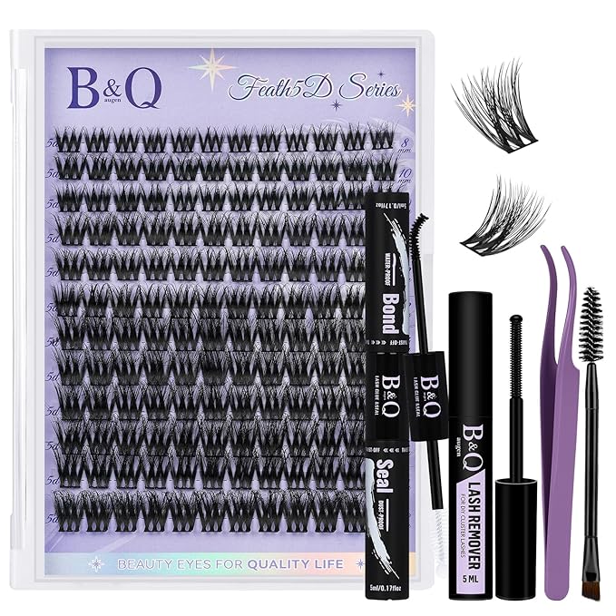 B&Q Lash Clusters Kit Wispy Fluffy - Feath5D 02 Eyelash Clusters Kit with Glue & Tools, Feathered Lightweight Lash Kit, 8-18mm C Curl Waterproof False Lashes