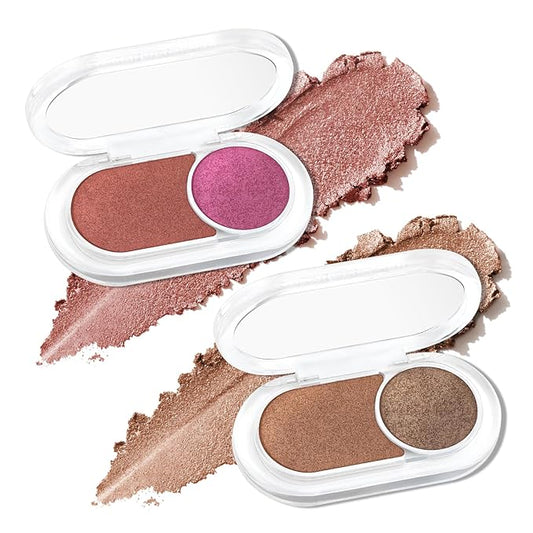 2Pcs Red Glitter Eyeshadow Palette, Rose Double Colors Sparkling Eye Shadow Palette, High Pigment Single Eyeshadow, Blendable & Smooth Eye Makeup for Women, Brownish Red & Roses Pink