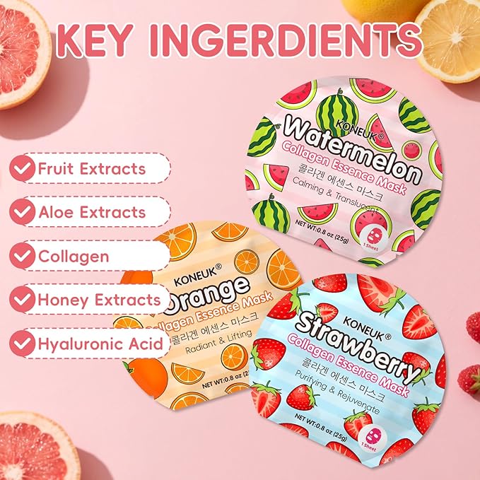 KONEUK 6 Pack Colorful Fruit Face Masks Skincare, Sheet Hydrating Face Mask, Collagen Facial Mask for Skin Care, Valentines Day Gifts for Her, Bulk Mothers Day Gifts and Spa Party Gifts
