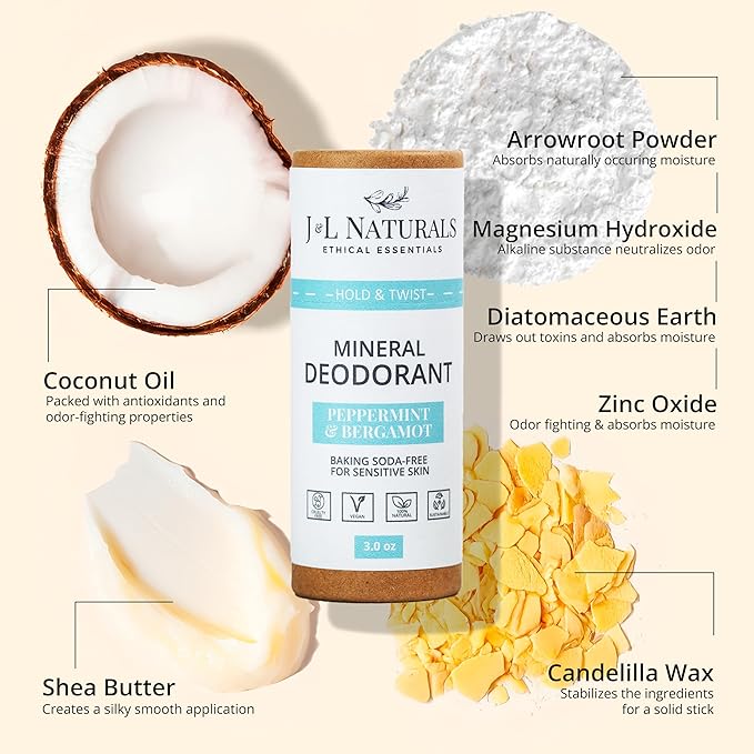 J&L Naturals Mineral Deodorant | Baking Soda-Free, 100% Natural, Sustainable | Sensitive Deodorant For Women & Men | Aluminum Free, Vegan, Cruelty-Free (Peppermint & Bergamot, 3 Oz (Pack of 1))
