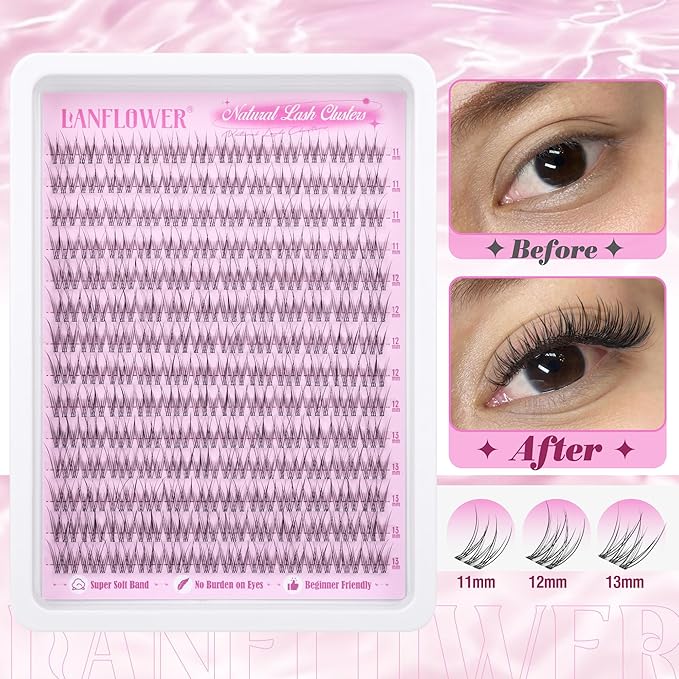 Natural Lash Clusters Wispy Eyelash Clusters Clear Band Cluster Eyelash Extensions 168pcs Individual Lashes Soft and Lightweight Bandless Cluster Lashes C Curved Lash Extension by Lanflower