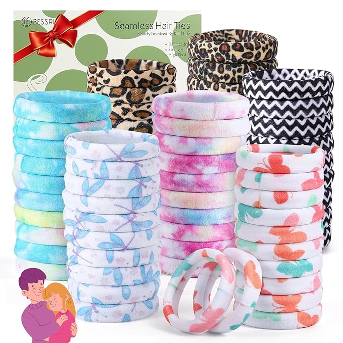 Bessrung 100 PCS No Damage Hair Ties for Women Girls, Seamless Elastic Hair Bands for Ponytails, Thick Thin Hair,Stretchy Snag-Free Nylon Bow Hair Ties Valentine's Day Gift (Leopard Print, Multicolor)