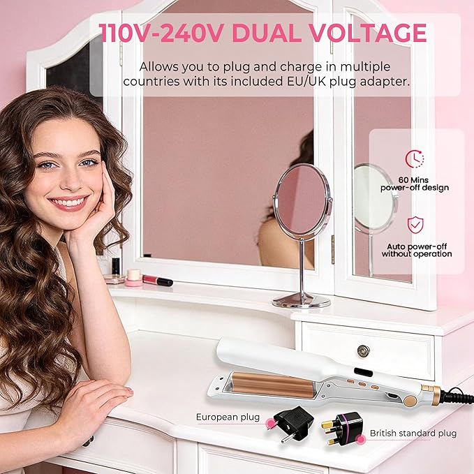 Hair Crimper Waver Curling Iron, 1/2 Inch Beach Waves Curling Wands, Ceramic 2 Barrels Deep Waver, Dual Voltage Hair Culer Tools with EU/UK Plug Adapter,12 Temps, 30S Heat up, Auto-Off (White Gold)